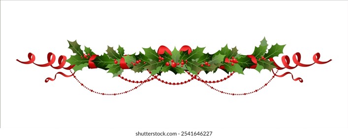 Christmas festive holly decor border. Holiday garland for design banner, ticket, invitation, congratulation or card, leaflet and so on.