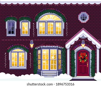 Christmas festive home facade decoration. Vector illustration of window and door set in the evening with garlands