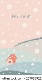 christmas festive illustration with trendy matching pastel colors. cute house on snowdrift with snow flakes