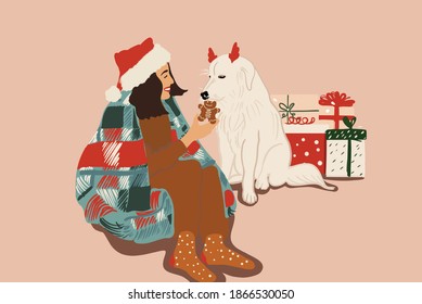 Christmas festive illustration of a woman celebrating with her dog New Year holidays