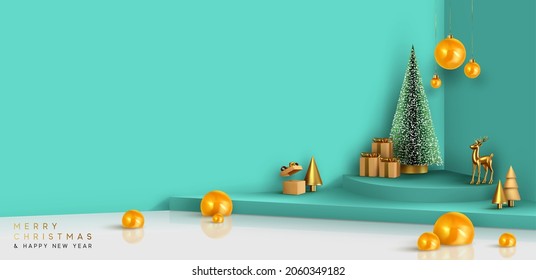 Christmas festive interior design. 3d composition Realistic stage, podium, Xmas studio. Minimal abstract new year background. Modern Creative holiday template. Banner and poster. Vector illustration