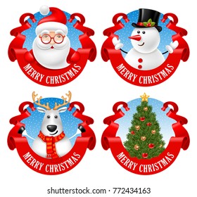 Christmas festive labels set with Santa Claus, Snowman, Reindeer and Christmas tree, decorated with red ribbon. Vector illustration. Isolated on white background.