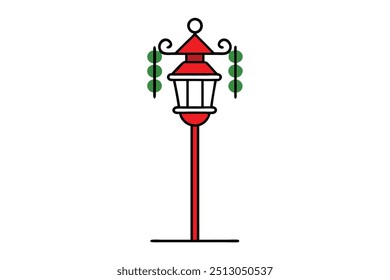 Christmas festive lantern post vector line art, clipart illustration with isolated on white background
