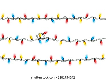 Christmas Festive Lights. Decorative Glowing Garland Isolated on White Background. Shiny Colorful Decoration for Christmas and New Year Holidays.