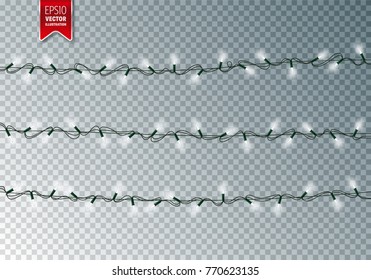 Christmas Festive Lights. Decorative Glowing Garland Isolated on Transparent Background. Shiny Colorful Decoration for Christmas and New Year Holidays.
