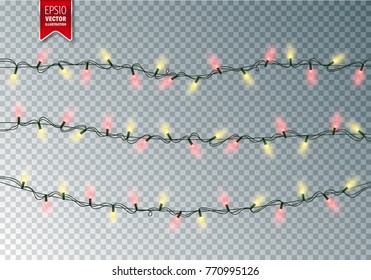 Christmas Festive Lights. Decorative Glowing Garland Isolated on Transparent Background. Shiny Colorful Decoration for Christmas and New Year Holidays.