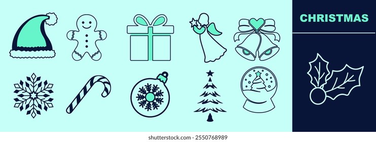 Christmas festive LINE icon set for logo and digital work. Gingerbread man, Santa hat, snow globe, snowflake, ornaments, angel, bells, present, Christmas tree. Editable elements, size and color.