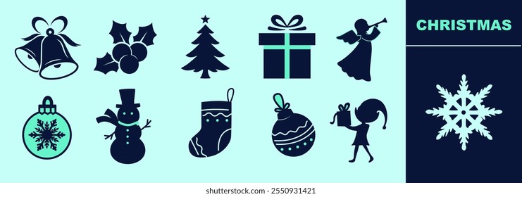 Christmas festive LINE icon set for logo and digital work. Snowflake, mistletoe, angel, bells, present, Christmas tree, elf, snowman. Editable elements, size and color.