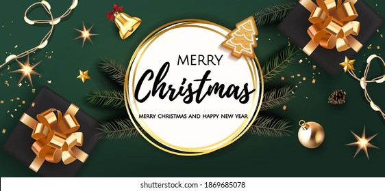 Christmas festive luxury banner. Background Xmas design of realistic gifts box with bow, fir tree branch, Xmas balls, stars, bell, light garland, gingerbread. Horizontal christmas poster, header, web