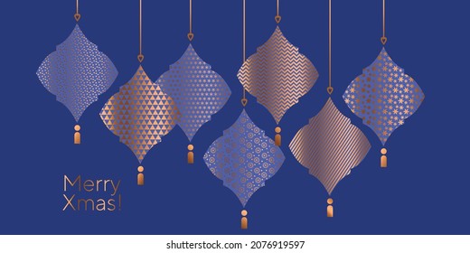 Christmas festive luxury baubles for web banners, posters, cards, wallpapers, backdrops, panels. Xmas golden oriental arabesque ornament vector.
