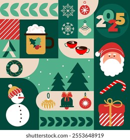 Christmas festive modern geometric pattern background in Minimalistic style. Xmas icons elements with geometric seamless pattern for holiday design packaging, wallpaper, banner, social media. Vector