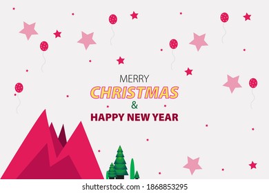 Christmas festive mountains with Christmas trees with star s and balloon Decoration Elements in the sky, vector design background,  social media post design        