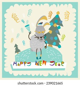 Christmas. Festive New Year rabbit in the woods. Card. Vector illustration.