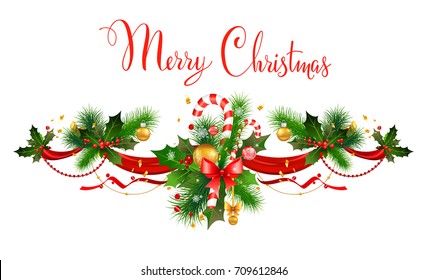 Christmas festive ornament for design banner, ticket, invitation or card, leaflet and so on. Holiday decorations with spruce tree