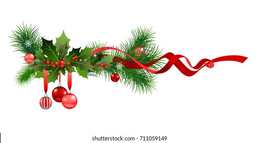 Christmas festive ornament for design banner, ticket, invitation or card, leaflet and so on. Holiday decorations with spruce tree
