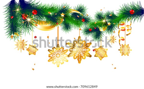 Christmas festive ornament for design banner,\
ticket, invitation or card, leaflet and so on. Holiday decorations\
with spruce tree