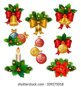 Christmas festive ornaments icons set. Decoration from christmas tree branches, poinsettia, holly, balls and gold bells with red ribbon