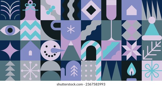 Christmas festive pattern with geometric mosaic elements and holiday symbols. Flat vector illustration in a cold palette. Happy New Year and Merry Christmas concept.