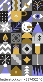 Christmas festive pattern with geometric mosaic elements and holiday symbols. Flat vector illustration. Happy New Year and Merry Christmas concept.