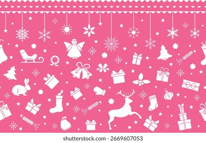 Padrão festivo de Natal com presentes e decorações em um vetor de fundo rosa nevado