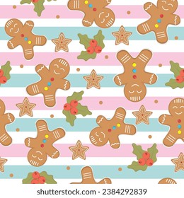 Christmas festive pattern with gingerbread man, vector illustration in cartoon style