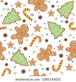 Christmas festive pattern with gingerbread man, vector illustration in cartoon style