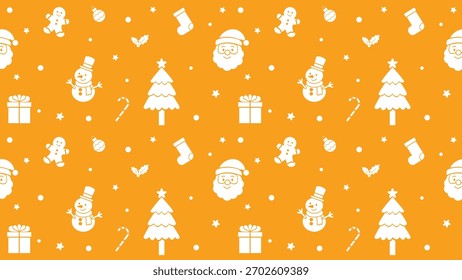Christmas festive pattern on orange background featuring Santa, gifts, snowman, tree, gingerbread, candy cane, and holiday icons, ideal for seasonal design, wrapping paper, decoration