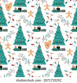 Patrón festivo de Navidad con árbol de Navidad, garland y galletas. Ilustración en un estilo plano