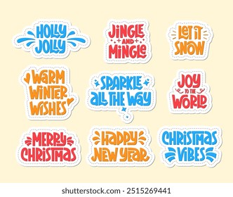 Navidades Colección de etiquetas engomadas de frases festivas. Conjunto de letras de mano de Vector de citas de Navidad. Elementos de diseño de tipografía de año Nuevo.