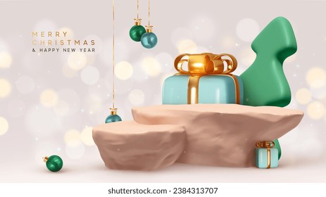 Christmas festive podium for promotions. Podium Stone rock stage for presentation sale product. Stage pedestal or platform. Xmas scene on a blurred gold light background. Vector illustration