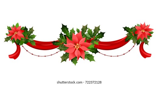 Christmas festive poinsettia frame. Holiday image for design banner, ticket, invitation or card, leaflet and so on.