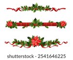 Christmas festive poinsettia and holly decor set. Holiday decoration for design banner, ticket, invitation, congratulation or card, leaflet and so on.