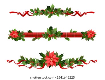 Christmas festive poinsettia and holly decor set. Holiday decoration for design banner, ticket, invitation, congratulation or card, leaflet and so on.