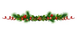 Christmas Festive Poinsettia And Christmas Tree Decor. Holiday Image For Design Banner, Ticket, Invitation Or Card, Leaflet And So On.