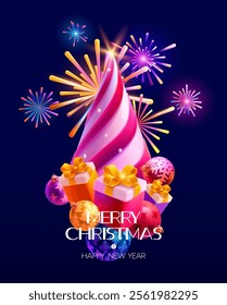 Christmas festive poster design. 3D stylized christmas tree with decoration and gift boxes.