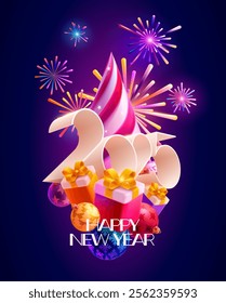 Christmas festive poster design. 3D stylized christmas tree with decoration, numbers  and gift boxes. 