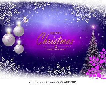 Christmas festive purple background with Christmas tree, balls, sparkles and snowflakes.