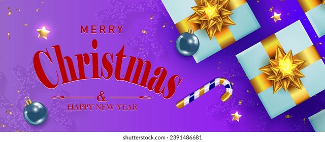 Christmas festive purple composition with gift boxes, golden shiny bows.