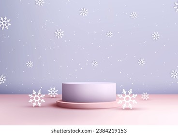 Christmas festive purple and pink 3D podium decorative with snowflake and snowy on a purple background, perfect for displaying products, creating mockups. Vector illustration