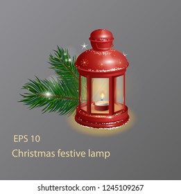 Christmas festive red lamp  and fir-tree on the isolated background