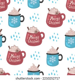 Christmas festive seamless background with drinks. Funny hand drawn winter seamless pattern with various mugs, cups, cocktailes, warm baverage in cartoon doodle style