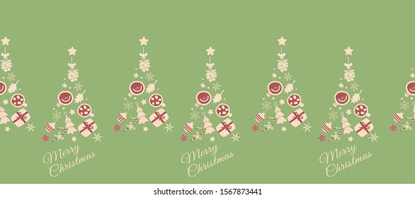 Christmas festive seamless pattern border Christmas trees with cups with hot chocolate and spicy tea top view,mistletoe branch,snowflakes and gingerbread.New Year bundle decor elements. Flat vector