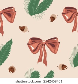 Natal festivo padrão sem emenda com arcos marrons, galhos de abeto e bolotas. Fundo bege. Belo padrão vetorial sem costuras ou articulações. Design minimalista com um clima festivo.