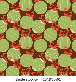 Christmas festive seamless pattern. Decorative baubles and cute red ribbons