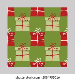 Patrón ininterrumpido de Navidad. Regalos en un fondo verde. Textura sin fin para papel de pared, fondo de página web, papel de envoltura