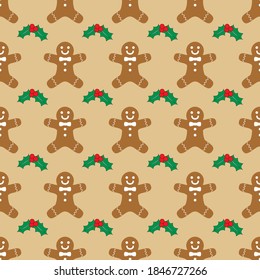 Patrón ininterrumpido de Navidad con pan de jengibre y holly. Plantilla de diseño festivo para papel de envoltura.
