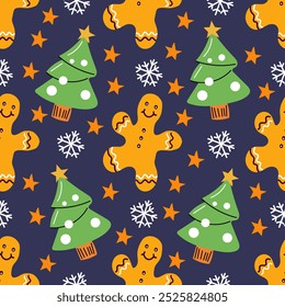 Christmas Festive seamless pattern with gingerbread men, Christmas trees, snowflakes and stars on dark blue background. Ready for holiday gift wrap, fabric, cards, festive designs. Vector illustration