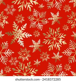 Christmas festive seamless pattern with gold snowflakes on red background