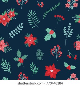 Christmas festive seamless pattern with green and red traditional holiday decorations on dark background - holly berries and leaves, poinsettia plants. Vector illustration for fabric print, wallpaper.