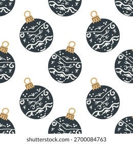 Christmas festive seamless pattern. Hand drawn christmas ornaments, gift boxes and fur branches..
